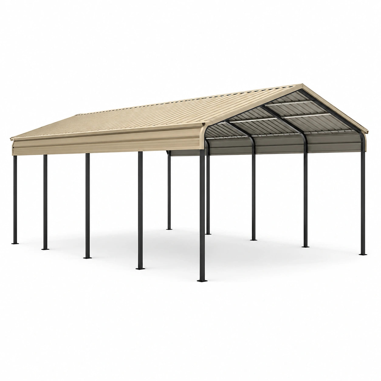 Carport double en acier beige et noir avec toit à deux pentes et gouttières, 600 × 600 × 300 cm