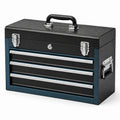 Coffre à outils portable en métal noir, argenté et bleu pétrole, 51 × 22 × 39 cm, 3 tiroirs avec serrure