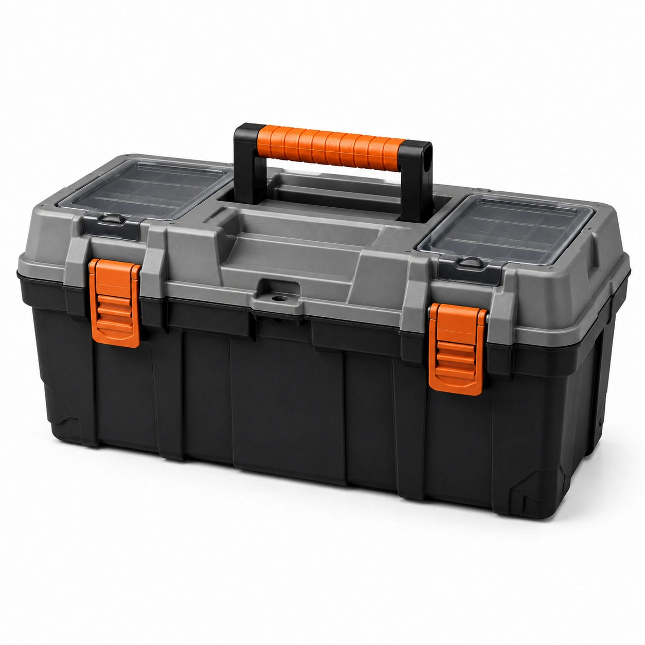 Boîte à outils portable en plastique avec compartiments, 53 × 29 × 27 cm, grise, noire et orange
