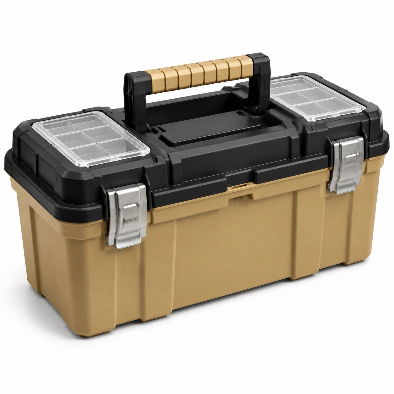 Boîte à outils beige et noire 49 × 25 × 24 cm avec deux organiseurs et poignée rabattable