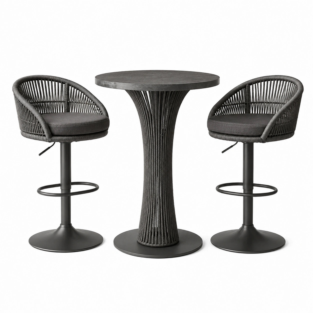 Ensemble de bar 3 pièces gris anthracite et noir avec table ronde Ø 80 × H 105 cm et 2 tabourets 55 × 52 × 95 cm