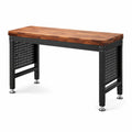 Établi industriel en bois massif marron et acier noir avec pieds réglables, 120 × 60 × 90 cm