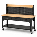 Établi mobile en acier noir et bambou naturel, 152 × 61 × 150 cm, 3 tiroirs, panneau perforé et roulettes