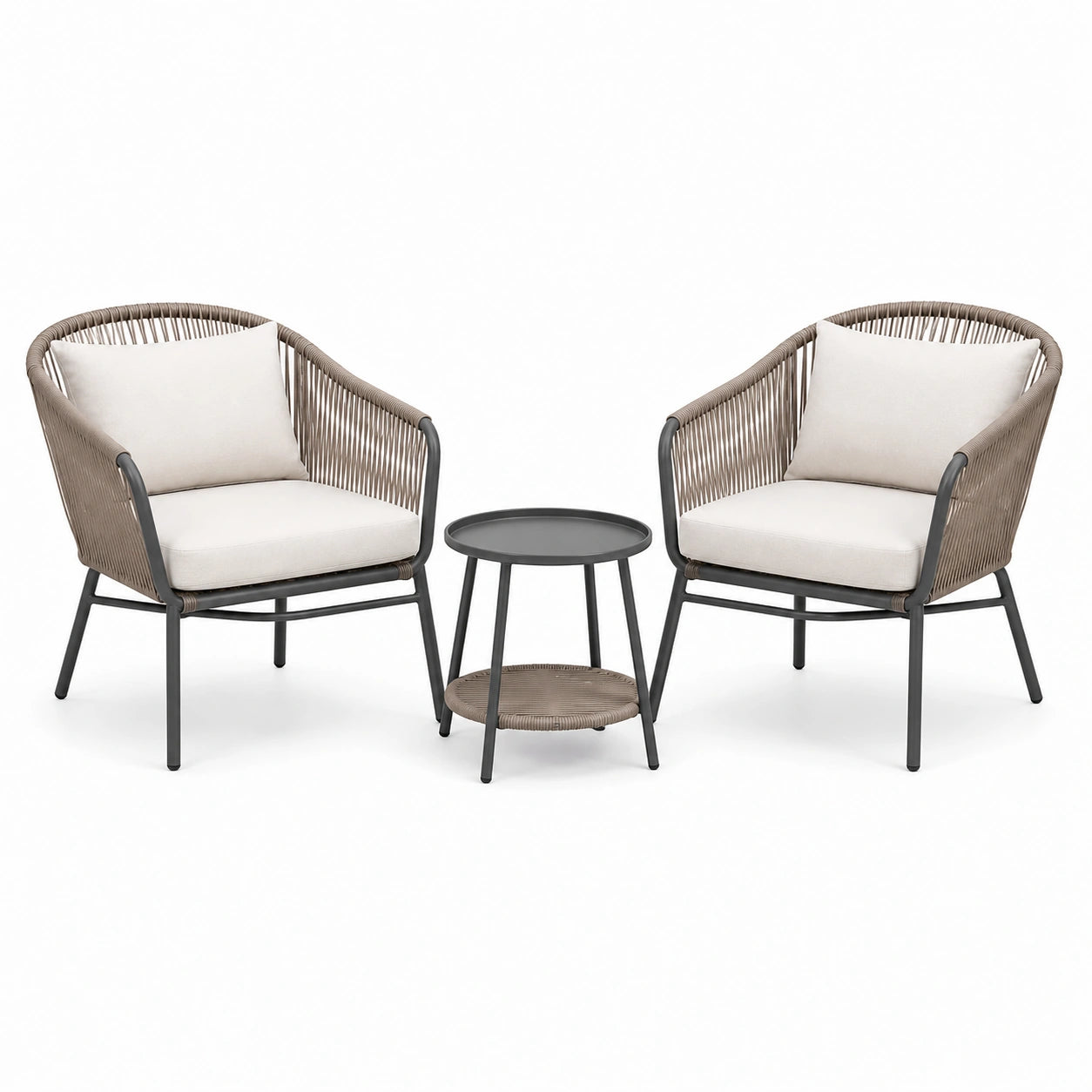 Salon de jardin 3 pièces taupe, beige et anthracite – 2 fauteuils 71 × 75 × 82 cm et table ronde Ø 45 × 48 cm