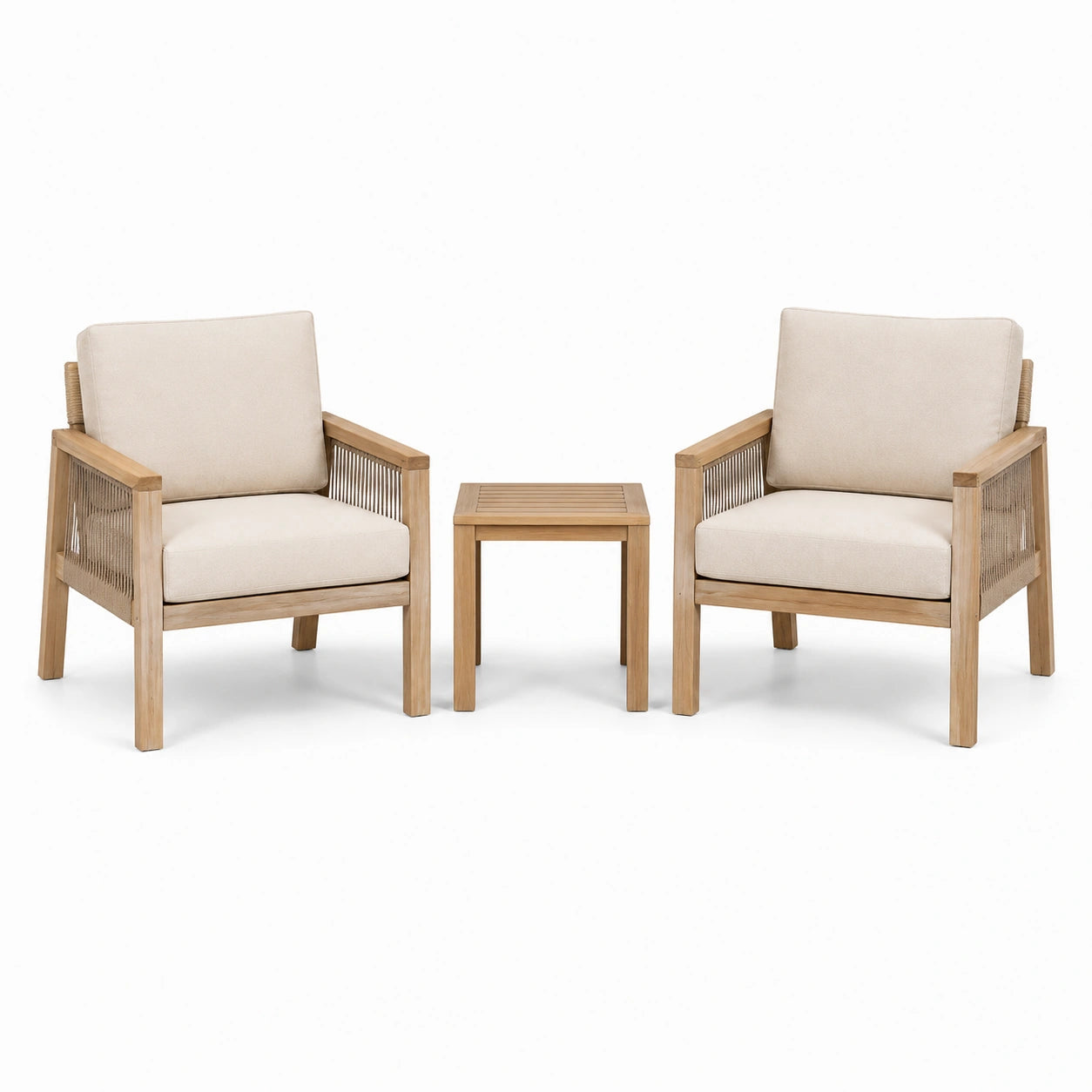 Ensemble 3 pièces en bois naturel et beige avec 2 fauteuils de 73 x 76 x 81 cm et table de 45 x 45 x 45 cm