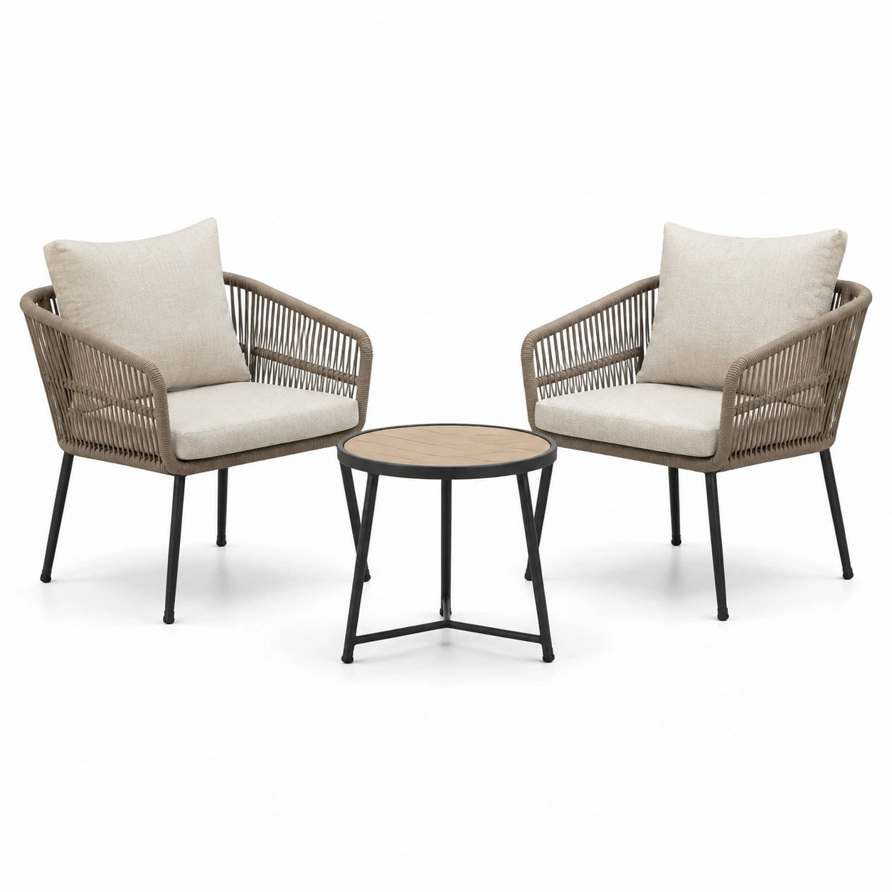 Ensemble de jardin 3 pièces taupe, beige, noir et marron clair – 2 fauteuils 68 × 72 × 78 cm et table ronde Ø 55 × 45 cm
