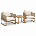 Ensemble de jardin 3 pièces en bois brun, cordage beige et coussins écrus – fauteuils 72 × 75 × 79 cm, table 50 × 50 × 45 cm
