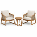 Ensemble de jardin 3 pièces en bois et corde, marron clair, beige et taupe – 2 fauteuils 74 × 78 × 84 cm et table Ø 50 × 48 cm