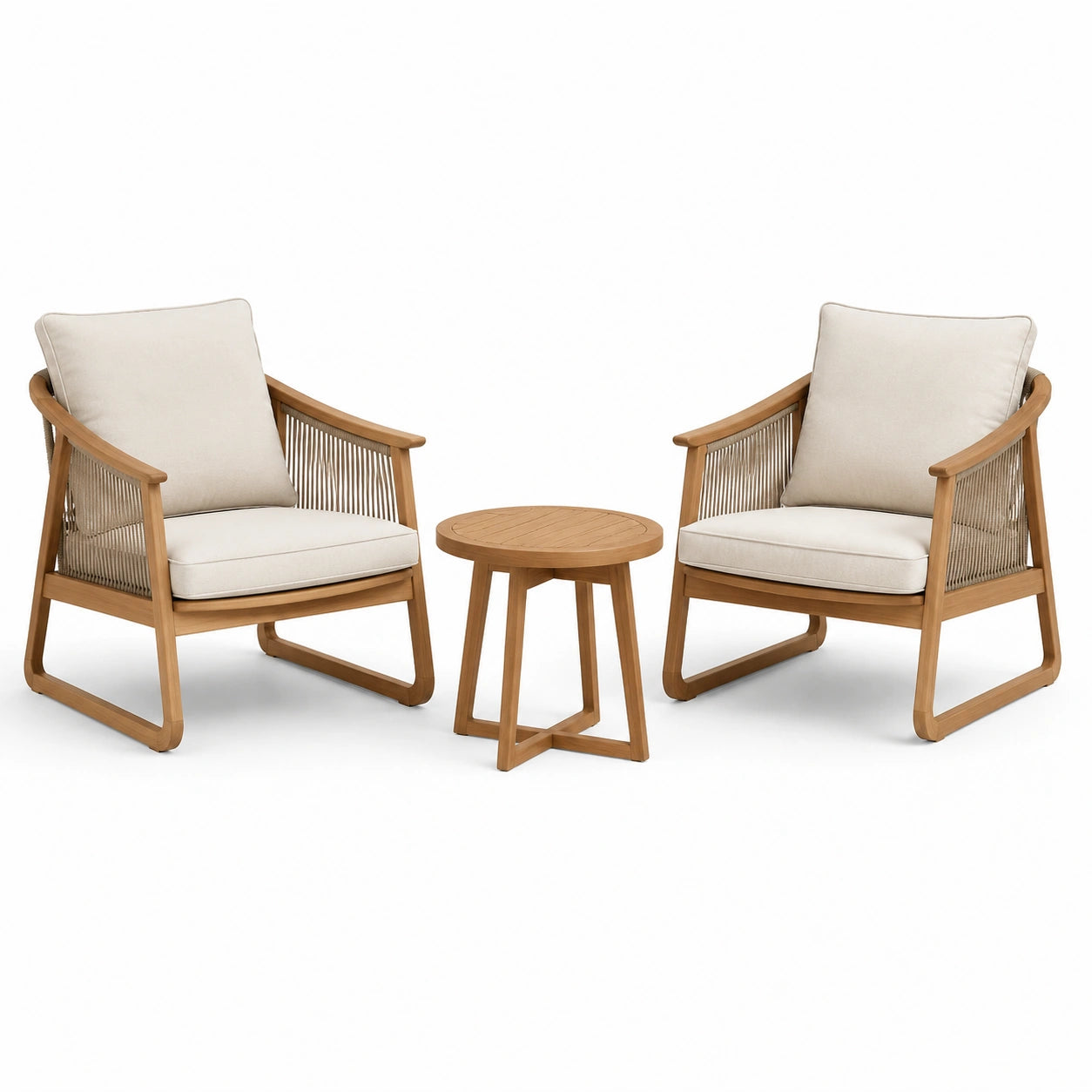 Ensemble de jardin 3 pièces en bois et corde, marron clair, beige et taupe – 2 fauteuils 74 × 78 × 84 cm et table Ø 50 × 48 cm